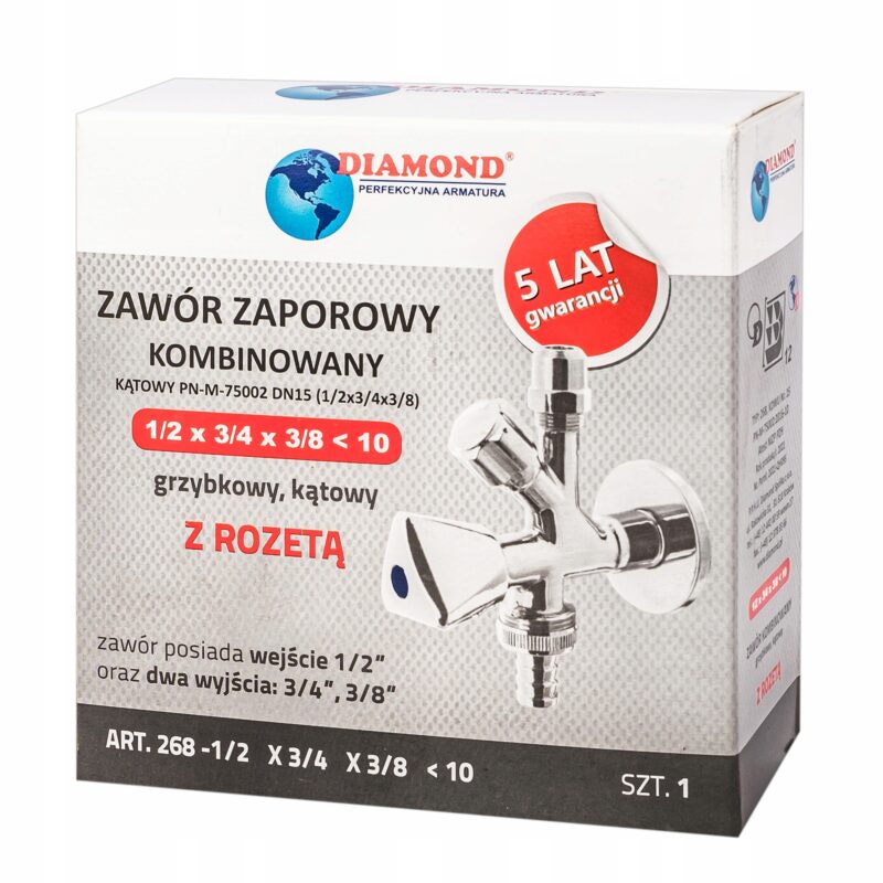 ZAWÓR ZAPOROWY KOMBINOWANY GRZYBKOWY KĄTOWY Z ROZETĄ 1/2x 3/4x 3/8 DIAMOND