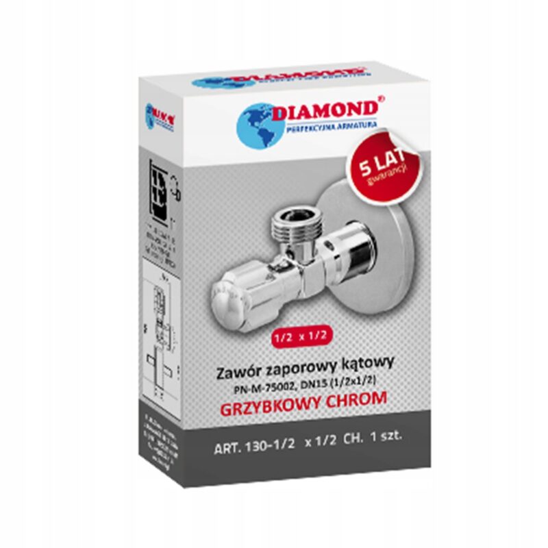 Zawór zaporowy kątowy, grzybkowy, CHROM 1/2"x3/8"