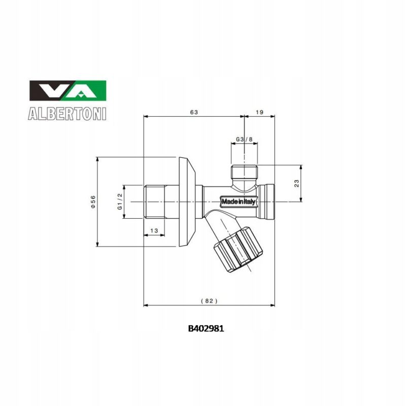 Zawór podumywalkowy, kątowy, grzybkowy z filtrem "VA ALBERTONI 1/2" x 3/8"