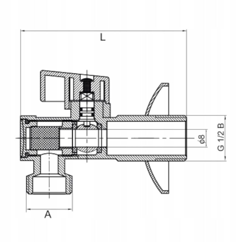 ZAWÓR KULOWY KĄTOWY z filtrem, rozetą i metalowym motylkiem 1/2" x 1/2"