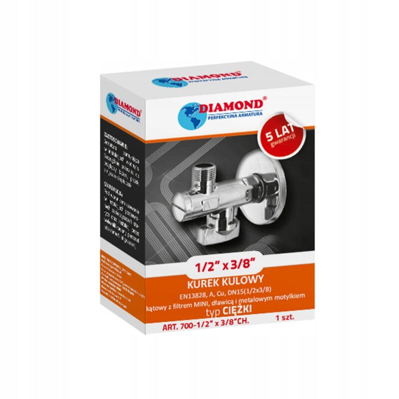 Zawór kulowy kątowy z filtrem MINI, dławicą i met. motyl 1/2x3/8 TYP ciężki