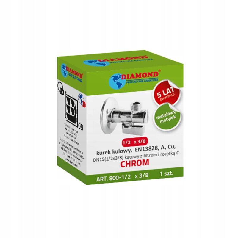 ZAWÓR KULOWY KĄTOWY Z FILTREM, ROZETĄ i METALOWYM MOTYLKIEM 1/2" x 3/8"