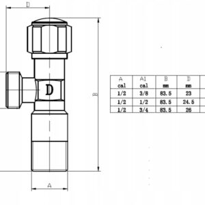 Zawór zaporowy kątowy, grzybkowy, CHROM 1/2"x3/8"