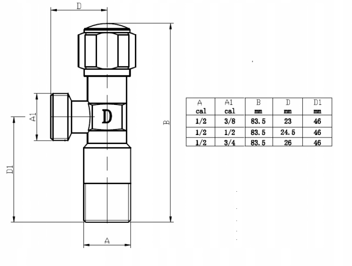 Zawór zaporowy kątowy, grzybkowy, CHROM 1/2"x3/8"
