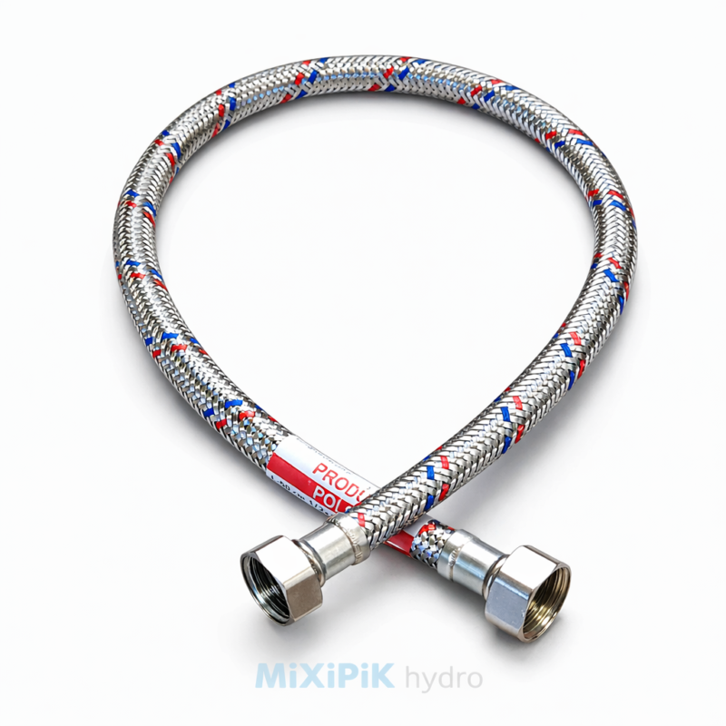 WĄŻ-WĘŻYK do wody w oplocie stalowym DN8 / FI 8mm, GW 1/2"x GW 3/8"