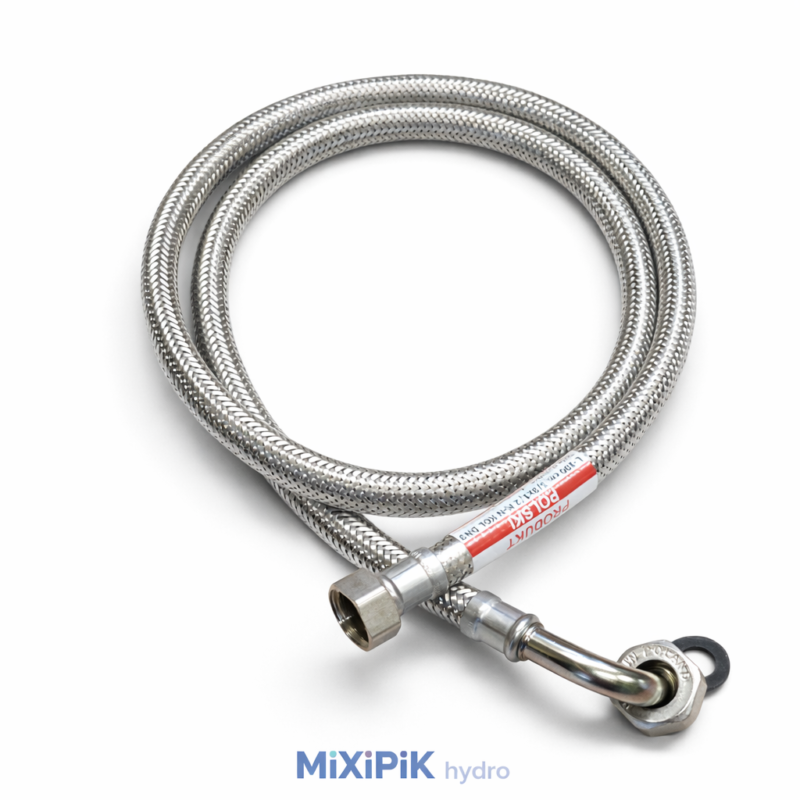 WĄŻ-WĘŻYK w oplocie stalowym DN8/FI8, GW 3/8" - GW KOLANKO 1/2"