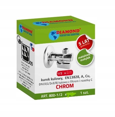 ZAWÓR KULOWY KĄTOWY z filtrem, rozetą i metalowym motylkiem 1/2" x 1/2"