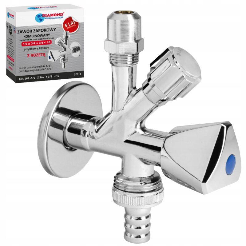 ZAWÓR ZAPOROWY KOMBINOWANY GRZYBKOWY KĄTOWY Z ROZETĄ 1/2x 3/4x 3/8 DIAMOND