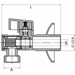 ZAWÓR KULOWY KĄTOWY Z FILTREM, ROZETĄ i METALOWYM MOTYLKIEM 1/2" x 3/8"